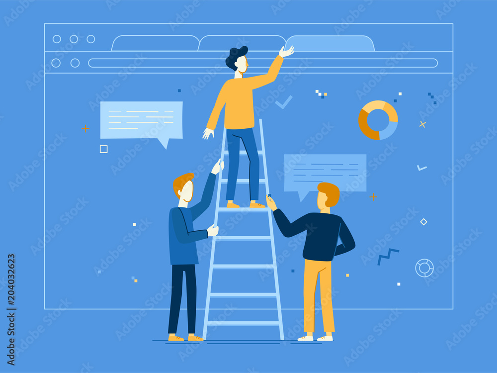 Aufkleber web and app development creative concept with male characters