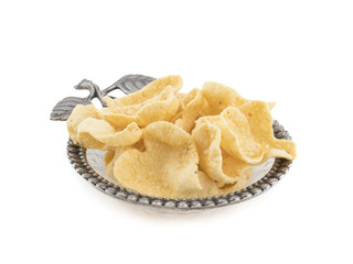Indian Street Fried Heart Shaped Yellow Snack isolated on White Background