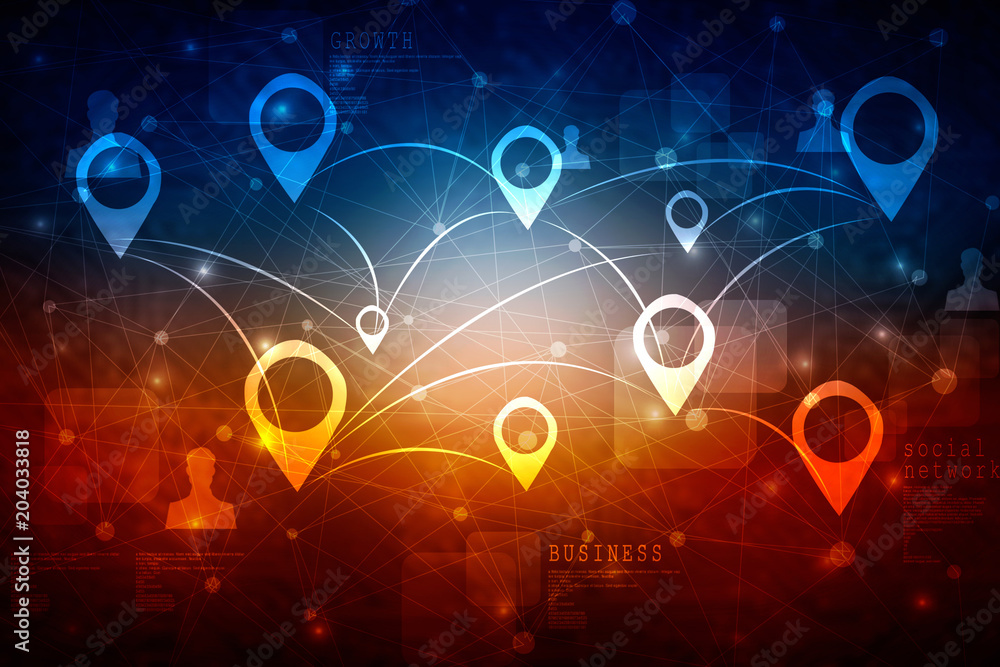 Fototapete 2d rendering red map pointer with world map