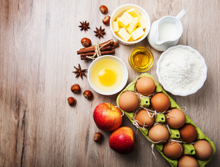 Top view of  kitchen table with baking ingredients