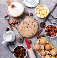 Top view of  kitchen table with baking ingredients