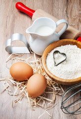 Baking ingredients - flour, eggs and pin