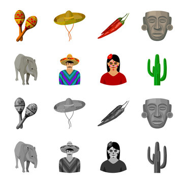 Tapir Mexican animal, a Mexican in national clothes in a poncho, a woman with a flower, a cactus. Mexico country set collection icons in cartoon,monochrome style vector symbol stock illustration web.