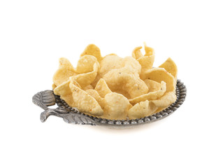 Indian Street Fried Heart Shaped Yellow Snack isolated on White Background