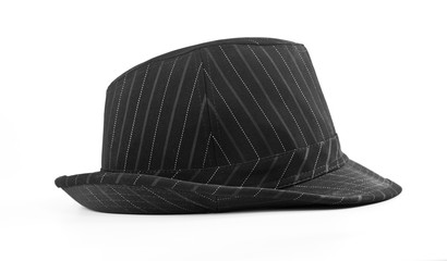 Black striped hat isolated on white background, side view.