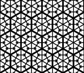 Japanese Kumiko seamless pattern black and white fine lines inscribed in hexagons of medium thickness