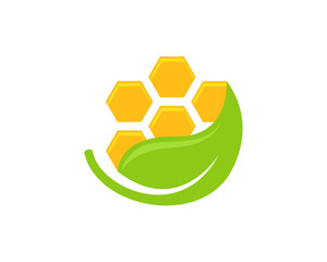Beehive honeycombs with Leaf Logo Icon Natural Bees Honey and Leaves symbol