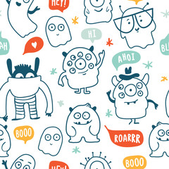 Cute monsters doodles seamless pattern