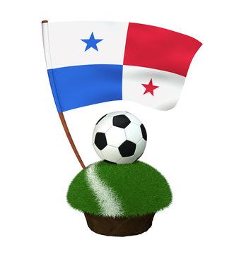 Ball for playing football and national flag of Panama on field with grass