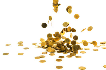 Falling gold coins money isolated on the white background, business money and finance concept.