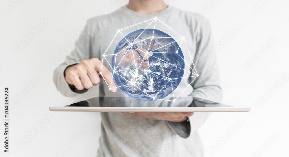 Aufkleber a man pressing on digital tablet and global network connection hologram technology. element of this 