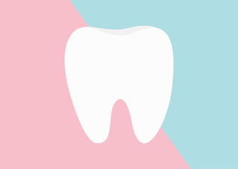 Healthy tooth icon. Flat design. Oral dental hygiene. Children teeth care. Shining effect. Healthcare. Pink blue pastel color paper background.