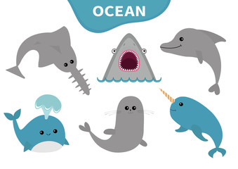 Sea ocean animal fauna icon set. Blue whale, sawshark, dolphin, narwhal, seal. Saw shark fish. Water inhabitant. Cute cartoon baby character collection. Isolated. White background Flat design