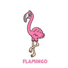 Character kawaii cute flamingo with a smile, on a white background. It can be used for sticker, patch, phone case, poster, t-shirt, mug and other design.
