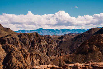 Panorama of a beautiful landscape with mountain ranges in Kazakhstan