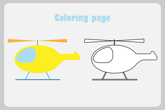 Helicopter in cartoon style, coloring page, education paper game for the development of children, kids preschool activity, printable worksheet, vector illustration