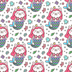 Seamless pattern with cat in a mermaid costume. With tail of a mermaid, crown, pearl, shell, coral, octopus and starfish. It can be used for packaging, wrapping paper, textile and etc. 