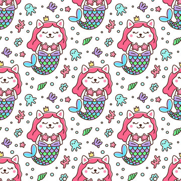 Seamless pattern with cat in a mermaid costume. With tail of a mermaid, crown, pearl, shell, coral, octopus and starfish. It can be used for packaging, wrapping paper, textile and etc. 