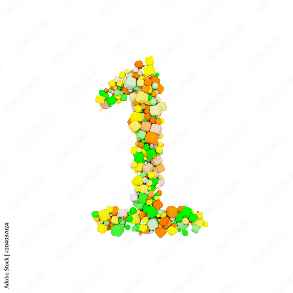 Fototapete alphabet number 1. funny font made of orange, green and yellow shape cube. 3d render isolated on whi