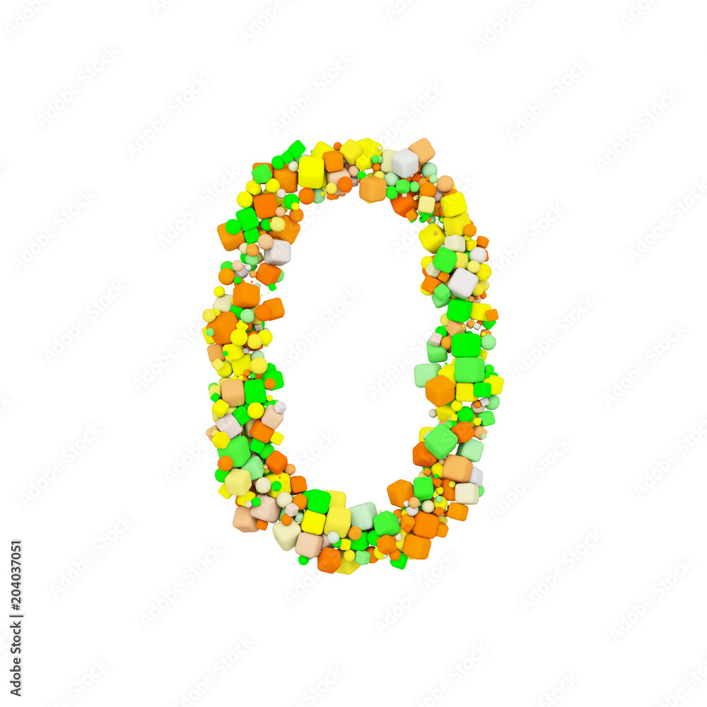 Poster alphabet number 0. funny font made of orange, green and yellow shape cube. 3d render isolated on whi
