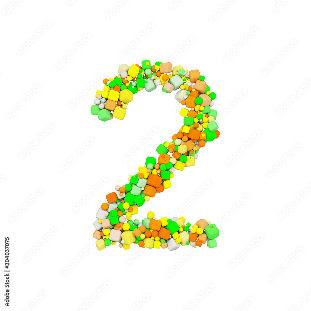 Fototapete Alphabet number 2. Funny font made of orange, green and yellow shape cube. 3D render isolated on white background.