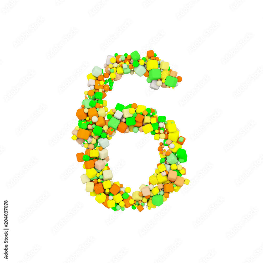 Fototapete alphabet number 6. funny font made of orange, green and yellow shape cube. 3d render isolated on whi