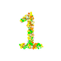 Alphabet number 1. Funny font made of orange, green and yellow shape cube. 3D render isolated on white background.