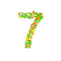 Alphabet number 7. Funny font made of orange, green and yellow shape cube. 3D render isolated on white background.