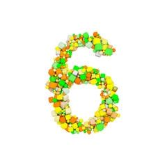 Alphabet number 6. Funny font made of orange, green and yellow shape cube. 3D render isolated on white background.