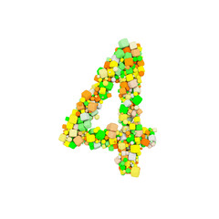 Alphabet number 4. Funny font made of orange, green and yellow shape cube. 3D render isolated on white background.