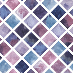 Rhombic seamless pattern of hand-drawn watercolor painting, violet background, stained glass