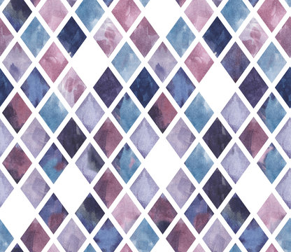 Fototapeta Rhombic seamless pattern of hand-drawn watercolor painting, violet background, amethyst stained glass with gaps