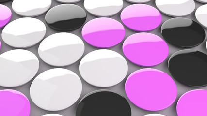 Blank black, white and purple badges on white background