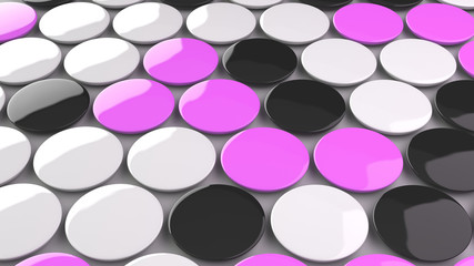 Blank black, white and purple badges on white background