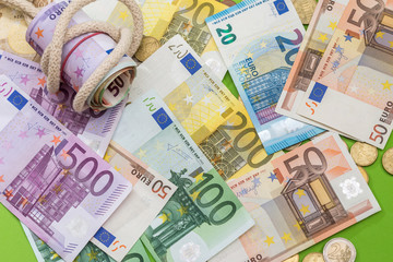 euro banknotes with coin, close up