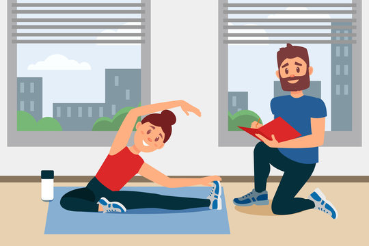 Young girl doing exercise sitting on floor. Coach writing notes in folder. Fitness gym interior with big windows. Flat vector design