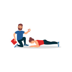 Young athlete girl doing plank exercise under control of personal trainer. Coach holding stopwatch and folder. Flat vector design