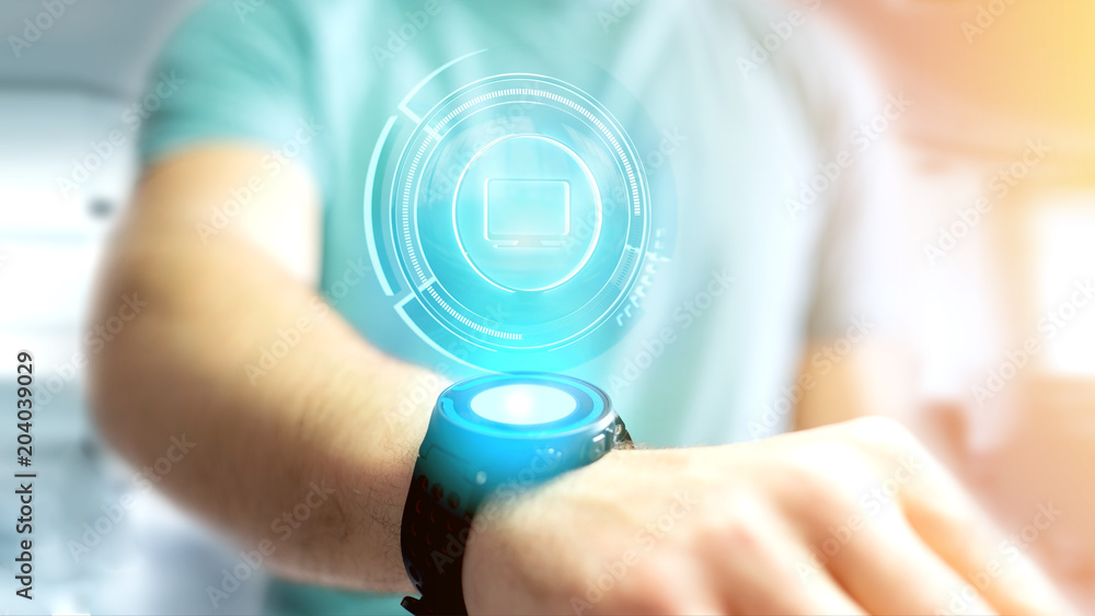 Poster businessman holding a shinny technologic computer button - 3d render