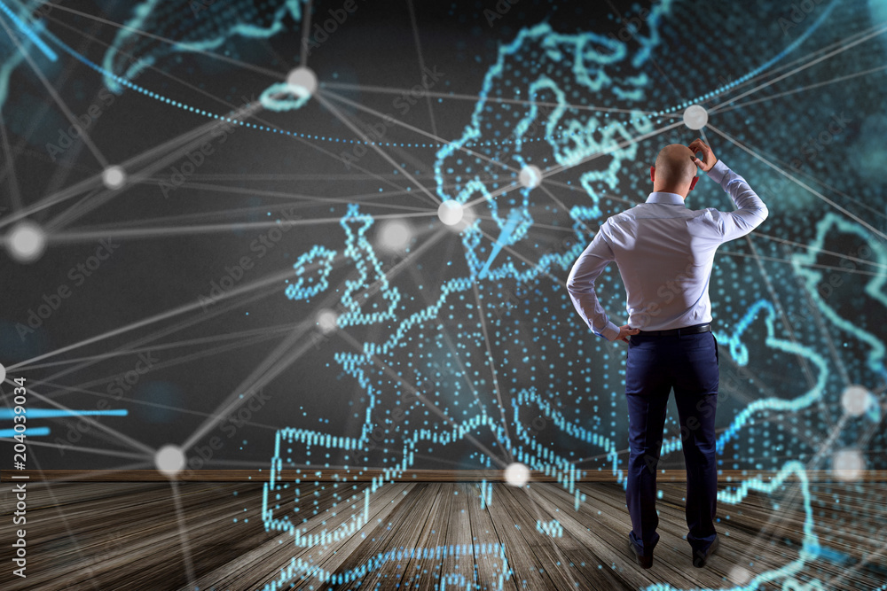Poster technology network world map displayed on a futuristic interface