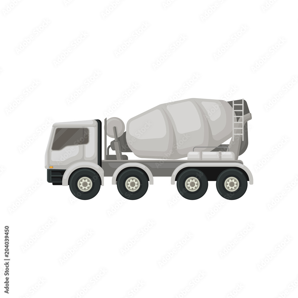 Poster concrete mixing truck. machine with rotating container for transporting cement. large vehicle using 