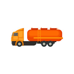 Semi truck with orange tank and ladder. Heavy industrial vehicle with large reservoir for transporting liquid or gas. Flat vector icon