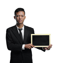 Young Asian Businessman Holding Blackboard Room For Text Isolated White Background