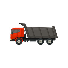 Dumper truck with hydraulic tipping body. Motor vehicle for transporting cargo. Heavy equipment using in construction. Flat vector design