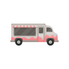 Flat vector icon of food truck. Small gray van with awning. Cafe on wheels. Graphic design for promo poster