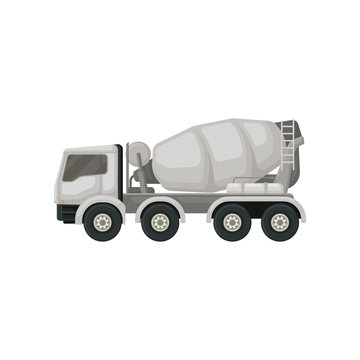 Concrete mixing truck. Machine with rotating container for transporting cement. Large vehicle using in construction. Flat vector design
