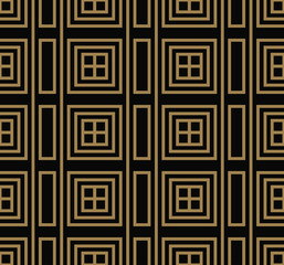 Seamless pattern with squares, black gold diagonal braided striped lines. Vector ornamental background. Futuristic vibrant design.