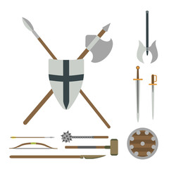 Set of different medieval weapons vector flat illustrations.