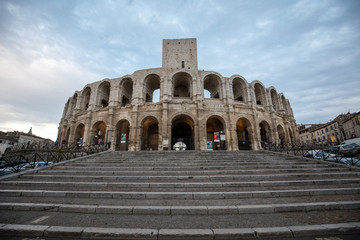The Roman Amphitheater in the old town of Arles in Provence in the South of France.