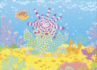 Fototapeta na wymiar Striped long-spine sea urchin, a funny small crab and a colorful fish among corals on a reef in a tropical sea, vector illustration in a cartoon style