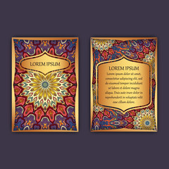 Vintage cards with floral mandala pattern and ornaments. Front page and back page. Luxury design.